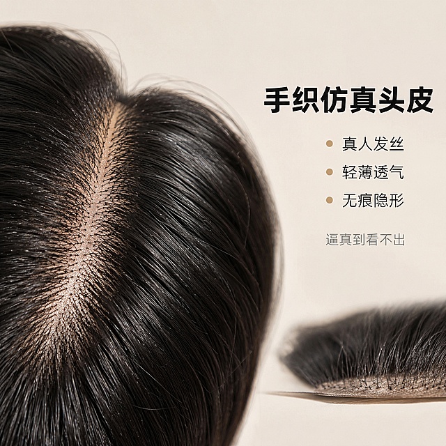 [主图-2] 补发片材质与工艺卖点图，手织头皮细节展示。
[氛围风格] 精致细节 品质感 真实材质展示 专业可信。
[画质] 商业微距摄影质感 发丝与头皮纹理超清晰 细节丰富 画面干净高级。
[元素] 画面主体为补发片的手织头皮区域微距特写，展示仿真头皮的逼真纹理，每根头发手工编织的痕迹清晰可见，头皮颜色自然接近真人肤色。补发片黑色发丝柔顺有光泽，发量浓密。旁边放置一小块补发片侧面展示轻薄厚度，体现超薄透气。背景为纯净浅米色，简洁高级。保持补发片材质、颜色、手织工艺细节与输入产品图绝对一致，杜绝变形色差。商品主体占比约65%。画面满屏无边框。
[光影] 柔和侧光打在头皮与发丝上，突出手织纹理与发丝立体感，均匀补光避免死黑，整体光线细腻有层次，体现高端品质感。
[配色] 主色自然黑（发丝）+ 仿真肤色（头皮）；辅色浅米背景 + 暖金点缀。
[视角构图] 45度斜侧俯视微距视角，聚焦手织头皮细节，景深较浅，背景虚化，主体清晰锐利。
[文字版式] 右侧负空间右对齐排版，主标题大字"手织仿真头皮"，黑色粗体无衬线。下方分三行卖点短句，每行前加小圆点："真人发丝""轻薄透气""无痕隐形"，字号约为主标题一半，常规字重。底部小字"逼真到看不出"，浅灰色。左侧主体区域无文字遮挡。所有文字清晰可读，不压主体。
[输出要求] 1:1比例，文字清晰锐利，超高清微距摄影质感。
[负向提示词] 变形 文字错乱 产品模糊 背景杂乱 水印 电商平台Logo 塑料感 假头皮
