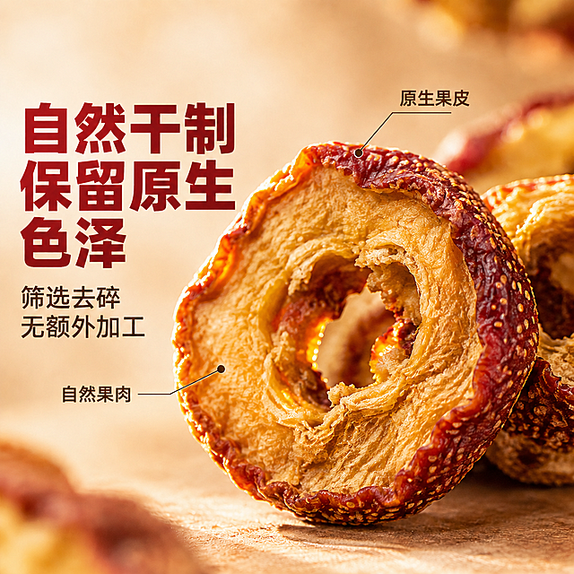 去除左上角的红色圆形"山楂"品牌Logo，其余画面完全保持不变：山楂干果肉微距特写、文字内容"自然干制 保留原生色泽""筛选去碎 无额外加工"、"原生果皮""自然果肉"标注线、暖光背景全部保留原样。只移除左上角的红色圆形Logo，用周围的背景色自然填充修复该区域，确保无残留痕迹，画面完整自然。