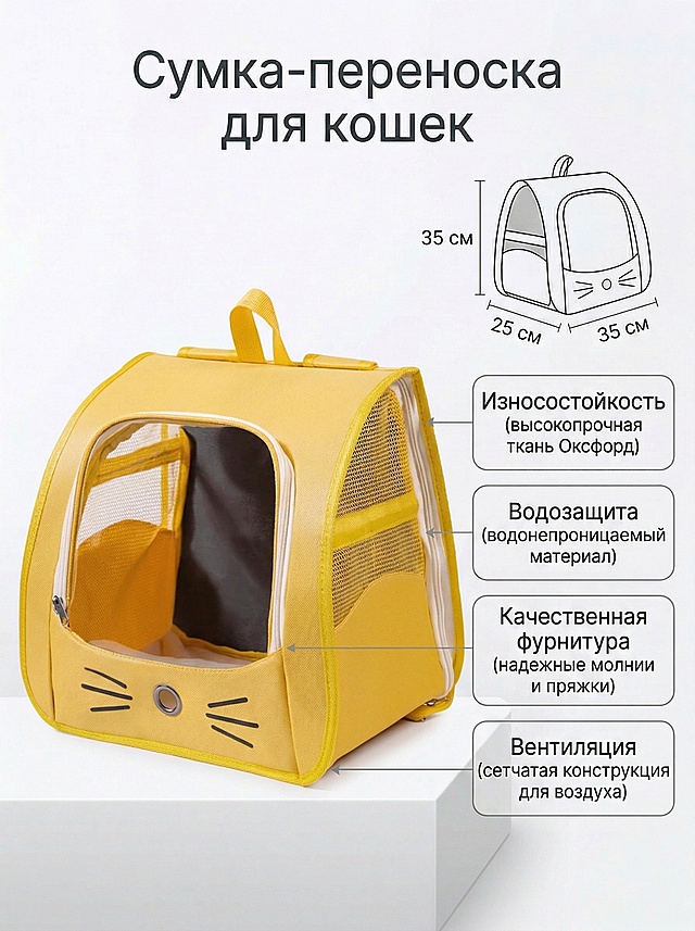 将图中猫包的整体颜色完全替换为参考图的黄色，保持原图的所有文字信息、尺寸标注、产品结构、构图和背景不变，严格还原参考图的黄色外观