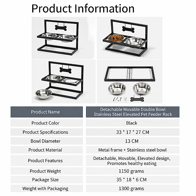 Create a product introduction detail page referring to the layout of the second image, use the double bowl stainless steel pet bowl rack from the first image, do not include the product from the second image. This product is a Detachable Movable Double Bowl Stainless Steel Elevated Pet Feeder Rack for Dogs and Cats. Convert all Chinese text to English, generate at 800X800 size, optimize the image effect, do not retain the original image effect, keep the information table layout consistent with the reference image.