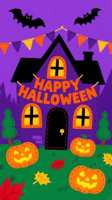 万圣节鬼屋门口，门口写着“HAPPY HALLOWEEN”的彩旗，空中蝙蝠飞舞，花园里散布4只大小不一的发光南瓜灯，点缀秋叶、小树元素，紫色背景，万圣节热闹氛围预览效果