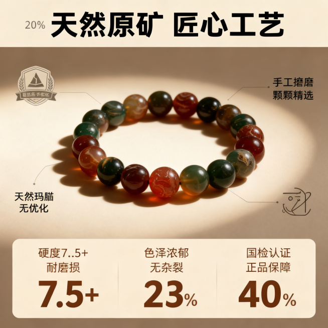 玛瑙手串卖点详情图，采用三分区布局。顶部20%为标题区，浅米色背景，黑色粗体标题「天然原矿 匠心工艺」，字号醒目。中部60%为卖点展示区，玛瑙手串居中展示，搭配视觉图标：左侧是「天然玛瑙 无优化」认证预览效果