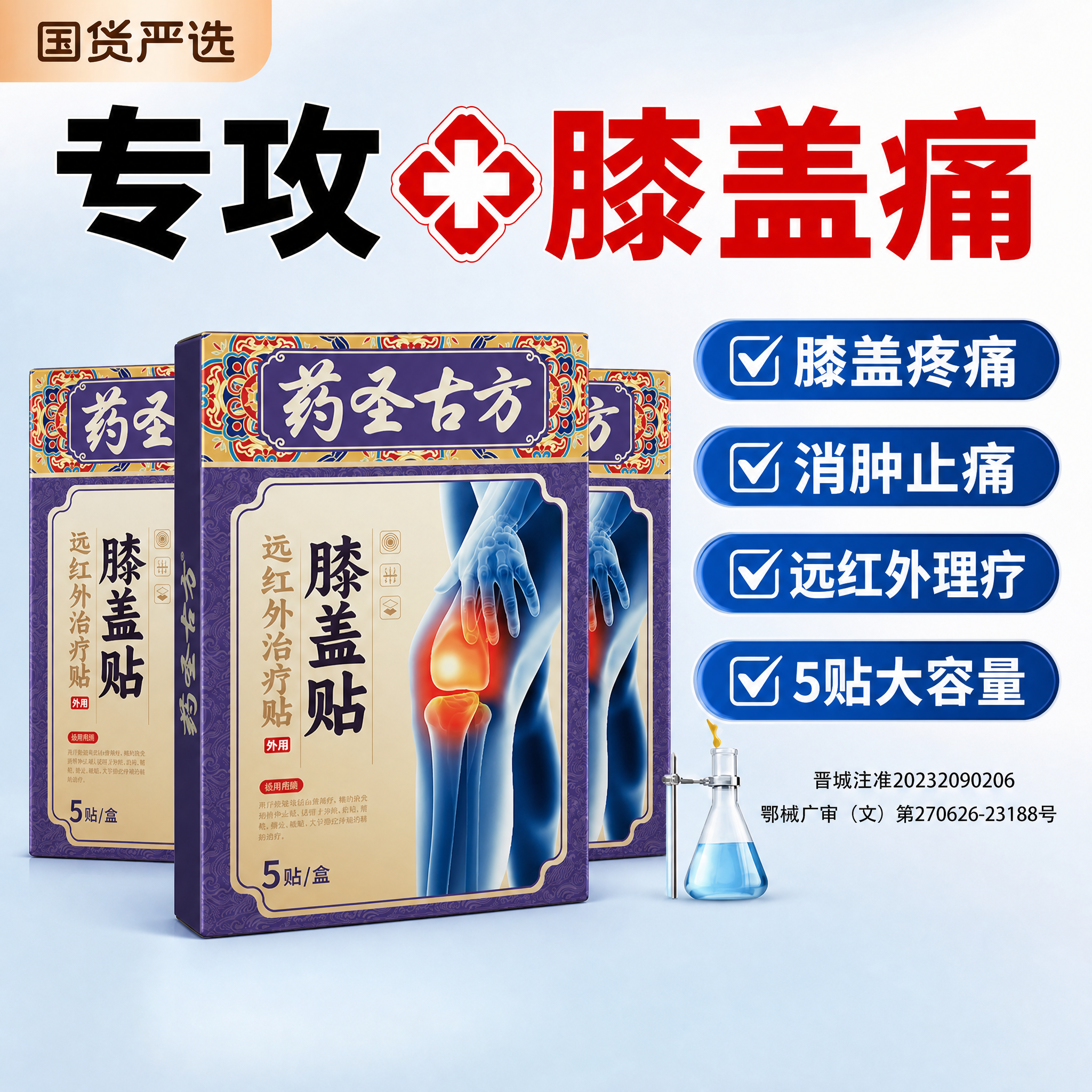 基于参考图的版式结构，将产品替换为药圣古方远红外治疗贴（膝盖贴… - 图片创意预览