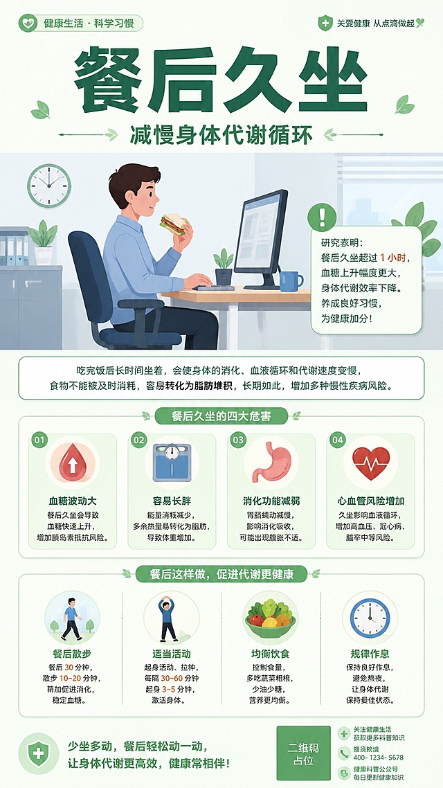 健康科普海报，主题：餐后久坐，主标题"餐后久坐"，副标题：减慢身体代谢循环，采用同系列扁平插画风格，搭配简约办公场景图形，清新低饱和配色，版式精美，大标题居中，信息清晰，比例9:16。画面中所有二维码区域使用纯色方块占位符呈现，方块中央标注"二维码占位"文字，严禁生成任何可识别的二维码图案。画面中所有信息区域必须填充完整合理的内容，不得出现空白框和占位。画面中所有数字必须精确渲染，不得错位、遗漏或编造。