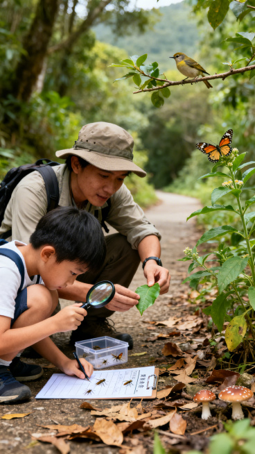 龘山步道上，专业自然导师带领孩子观察动植物，孩子拿着放大镜、观察盒，认真记录在自然观察任务卡上，周围有昆虫、鸟类、药用植物，充满自然探索氛围预览效果