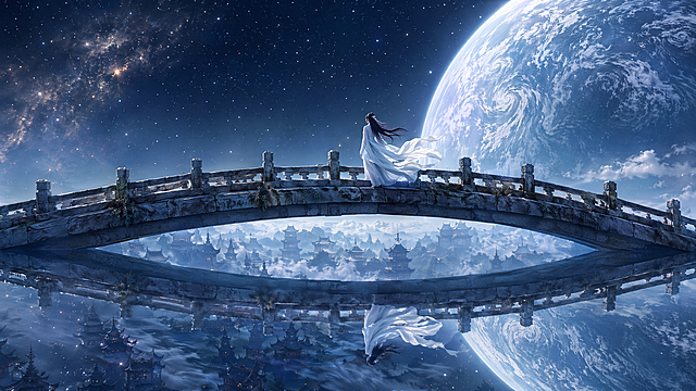16:9高空斜俯对称镜像透视，弧形沧桑古石桥横贯画面，白衣女子行于桥身中段；下方镜面空间完美倒映桥梁、人物、星空与行星，左右分割深空与巨型星球；侧身背影古风女子，乌黑长发随风向后飞扬，身着整套素白宽松广袖拖地薄纱汉服，衣摆被气流大幅吹起，布料轻盈飘逸，缓步前行；悬浮古石桥：大块风化青灰石板拼接桥面，古朴石质护栏墩，石材布满岁月斑驳裂纹、少量青苔杂草，桥梁无支撑悬空弯折成平缓弧形；镜面虚空倒影层：桥身下是完全镜面化的宇宙水面，清晰倒映石桥轮廓、白衣女子、下方山谷中式古塔殿宇群落；左侧：澄澈深蓝星空，遍布细碎繁星与淡金色丝絮星云；右侧：一颗体量庞大的蓝白岩质行星，地表大面积漩涡状白色云层纹理清晰，冷白柔光漫射全场；倒影深处地貌：镜面下方山谷坐落成片尖顶古塔、重檐中式古建，隐于轻薄云雾之间；整体清透冷蓝灰白基调，无浓烈暖色，行星冷白光与星空微光均匀铺洒，倒影光影对称柔和，氛围空灵孤寂、玄幻辽阔；UE5超写实电影渲染，8K超高精细度；白纱随风飘动褶皱肌理、石桥风化粗糙石纹、行星云层地表颗粒、镜面水面清晰反射质感全部高精度刻画；无畸形人体、无西式科幻机甲建筑、无字幕水印文字、无断裂崩塌石桥结构