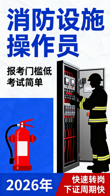 一张9:16竖版的消防设施操作员报考宣传海报：顶部大蓝色字体‘消防设施操作员’，左下方黑色小字‘报考门槛低 考试简单’，底部左右分别是‘2026年’和‘快速转岗 下证周期快’，画面左侧蓝色区域有红色消预览效果