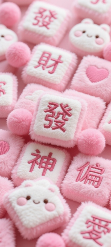 画面中是大量粉色系的毛绒方块，上面绣有 “發”“財”“神”“偏”“愛” 等字样，字体圆润可爱，颜色以粉色和白色为主，还点缀着一些粉色的毛绒球。预览效果