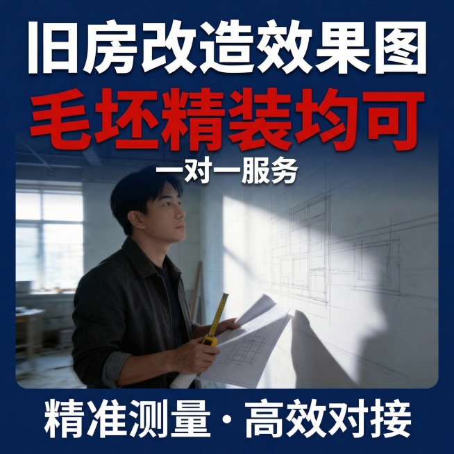 请自由选择括号内的3到5个关键词来替换图片中的文字部分，主图的合计风格以及颜色搭配参考上传的2涨图，加上人物，依次搭配不同文案进行设计5个新的主图：【家装效果图定制_客餐厅卧室厨卫_现代简约风格
工装预览效果