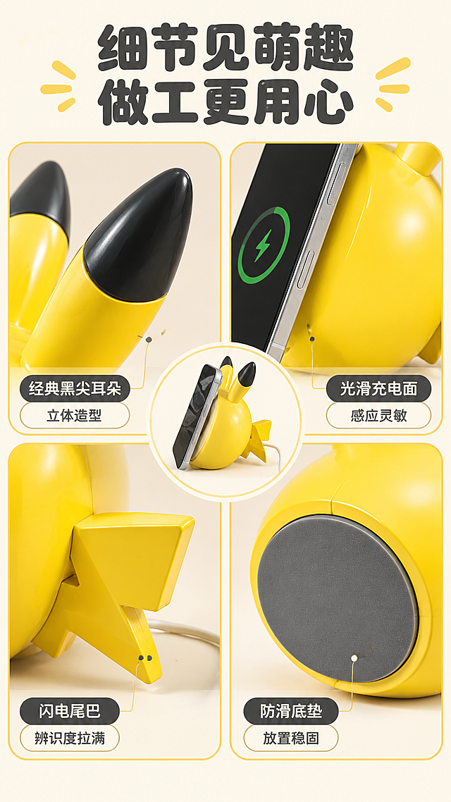 [商品] 使用【图1】皮卡丘造型无线充电器；保留黄色球形主体、黑色尖端耳朵、闪电形尾巴、圆形充电面的结构与颜色；商品处理：放大各细节部位，修复表面轻微瑕疵，增强亮面质感与细节纹理，保持造型比例不变。
[画面] 目标：细节做工展示，体现产品质感与用心设计。构图：4宫格细节拼图，左上耳朵尖特写，右上充电面特写，左下闪电尾巴特写，右下底部防滑垫特写；中间偏上放产品整体小图做参照。景别：微距细节+整体参照。阅读动线：顶部标题→中间整体图→4格细节从左上到右下。
[视觉] 套系策略：风格=萌趣科技风·年轻向商业摄影；标题字=圆润粗体卡通感无衬线；正文字=简洁无衬线体；主色=明亮柠檬黄；背景延展=纯净浅米白背景，每个细节格有柔和投影；强调色=深炭黑，用于细节标签和引线；标题色=深炭灰；正文色=中暖灰；组件=圆角细节框、细线引线、小标签；光影=每个细节格均为柔和侧光，突出材质质感与立体感。
[文字] 顶部主标题"细节见萌趣 做工更用心"；4个细节格各配说明标签：左上"经典黑尖耳朵 立体造型"，右上"光滑充电面 感应灵敏"，左下"闪电尾巴 辨识度拉满"，右下"防滑底垫 放置稳固"；文字均为横排，标签在每格下方或侧边，不遮挡细节主体。
[规格] 图片比例9:16竖版，2K分辨率，避免变形、错字、文字过小、冷蓝背景、产品颜色改变、结构失真、极限词。