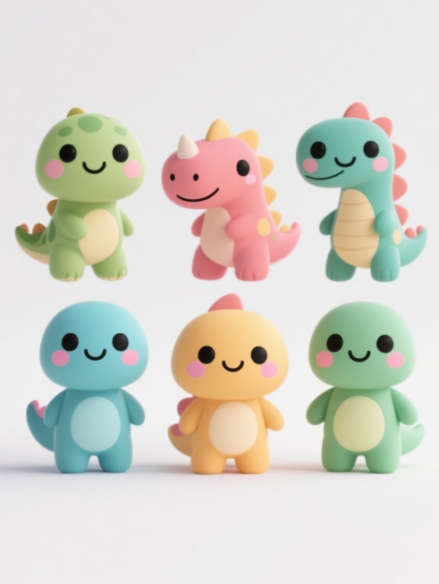 6个不同外貌、不同造型、不同品种的卡通恐龙，均采用圆润Q版造型，拥有大大的黑色眼睛和微笑表情，脸颊带有粉色腮红，身体色彩丰富多样，排列整齐地站立在纯白色背景上，整体风格保持一致的可爱萌系设计，线条简洁流畅，色彩鲜明柔和，每个恐龙都有独特的特征和姿态。预览效果