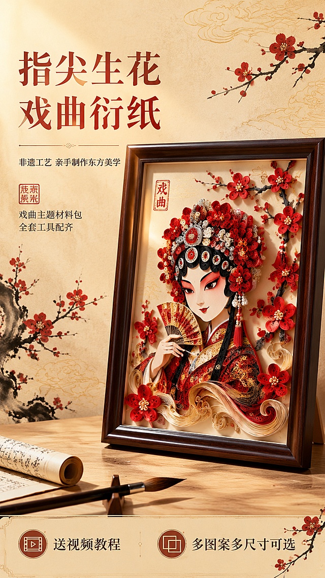 [第1屏] 详情页头图主视觉-衍纸画戏曲材料包新品宣传海报。国潮新中式风格，暖调雅致氛围，非遗手工质感，文艺文创风，商业摄影级光影。画面中央偏右展示一幅红色梅花戏曲人物衍纸画成品，深色木质画框，红色梅花与戏曲人物造型立体精致，卷边层次丰富；左侧留标题区，背景为浅米色宣纸纹理，点缀金色祥云纹样、水墨梅花枝、红色印章元素；底部铺浅木色台面，摆放一支毛笔和一卷宣纸作为装饰道具。左上方柔和暖光照明，右下方自然投影，画框边缘保留清晰高光。全局底色米杏色，主色朱红金色，辅助色深木色墨黑。正面微俯视视角。版式为左上标题+右侧产品+底部信息条。主标题「指尖生花 戏曲衍纸」，副标题「非遗工艺 亲手制作东方美学」，标题下方小字「戏曲主题材料包 全套工具配齐」，底部左侧「送视频教程」，右下角「多图案多尺寸可选」，宋体字，文字不遮挡主体。9:16竖版比例。