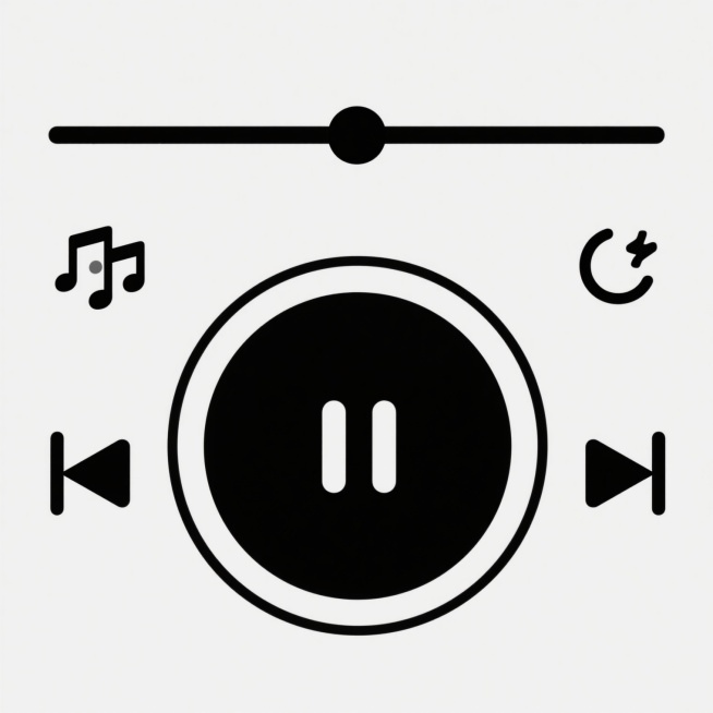 极简风格的音乐播放控制界面设计，白色背景，中央为黑色圆形暂停按钮，其左侧依次为黑色的上一曲按钮和循环按钮，右侧依次为黑色的下一曲按钮和刷新按钮，顶部有一条水平黑色进度条，进度条上有一个黑色圆形进度指示点，所有元素采用简约的线性图标设计，线条粗细均匀，整体布局对称平衡，视觉层级清晰，信息传达高效，具有现代科技感的界面设计风格。预览效果