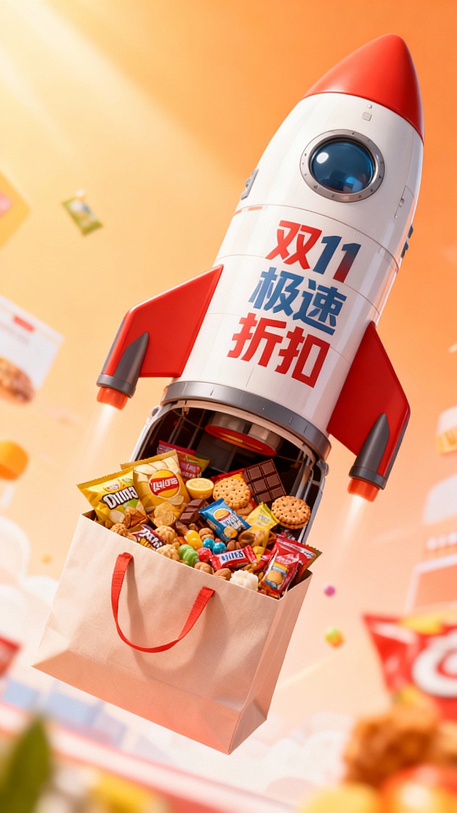 3D重拟物风格火箭载满零食飞向天空，融合波普艺术色彩与塑料质感，粒子光效营造未来科技感，双11促销主题鲜明，视觉冲击力十足。