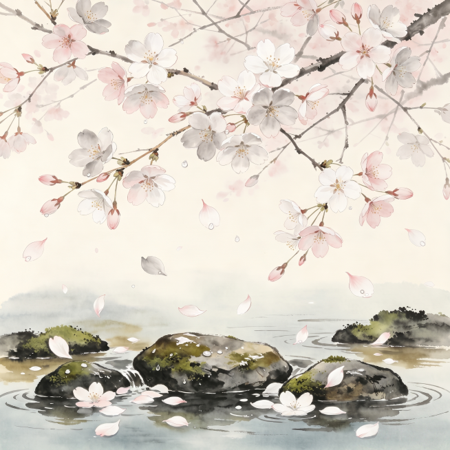 Chinese watercolor ink painting, cherry blossoms on branches, floating petals, stream with mossy roc预览效果