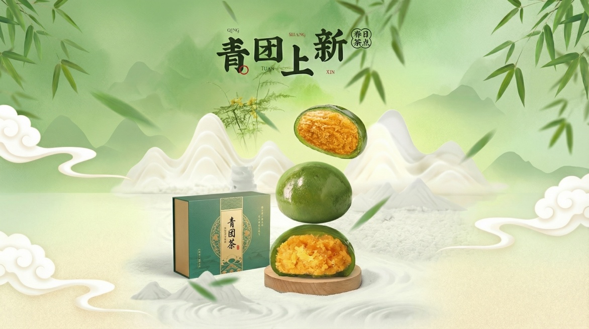 去掉图中右下角的'免费领取'红色印章文字，去掉左侧的'送百箱宝藏糕点'竖排文字，将左下角的手撕面包糕点商品替换成茶叶商品包装盒，保持整体青团上新海报的中国风清新绿色风格和16:9横图尺寸不变，画面自然预览效果