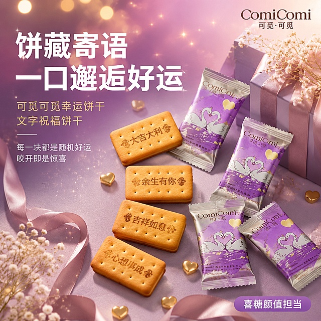 [主图-1] 幸运文字饼干喜糖首图，饼藏寄语一口邂逅好运。
[氛围风格] 浪漫高级喜糖风，温馨梦幻婚礼氛围感，抖音强视觉冲击风格；
[画质] 商业摄影质感、光线柔和通透、产品清晰真实、画面干净高级、食欲感强；
[元素] 画面右侧主体为多块拆开包装的ComiComi幸运文字饼干，饼身清晰印有“大吉大利”“余生有你”“吉祥如意”等吉祥文字，旁边散落3-4包紫底天鹅独立包装饼干，包装上白色天鹅图案与紫色底色清晰可见；饼干旁搭配精致喜糖盒、浅粉色丝带、金色小爱心装饰、白色满天星干花，营造婚庆喜糖场景；背景为柔焦的浅紫色渐变，点缀细碎星光和朦胧光斑。**保持饼干与包装外观（即物理结构、材质质感、颜色、图案文字）与输入产品图一致，杜绝任何变形和色差，精细化处理**。商品主体占比约65%，画面满屏无边框。
[光影] 自然暖阳侧逆光，主光从左上45度打下，形成柔和的饼干轮廓光，饼身呈现金黄诱人色泽，包装紫色有细腻光泽；右侧辅光提亮暗部，底部有柔和反光板补光，整体光比舒适，高光不溢，暗部有层次，无廉价HDR。
[配色] 主色调梦幻紫（取自包装）+ 暖金色点缀；辅色奶白、浅粉；字色为白色与暖金色，与背景强对比。
[视角构图] 45度俯视斜拍，产品位于画面右半区，左半区留负空间放文案；景深中等，前景饼干清晰锐利，背景光斑虚化朦胧，引导视线聚焦产品与文字。
[文字版式] 左上负空间左对齐留安全边距，主标题大字“饼藏寄语 一口邂逅好运”，白色粗体无衬线字体，字号最大；下方辅助文案“可觅可觅幸运饼干 文字祝福饼干”，暖金色细体，字号约为主标题的1/2；再下方小字“每一块都是随机好运 咬开即是惊喜”，白色常规体，字号更小。右上角放置“ComiComi”品牌Logo，保持原图品牌字形与配色。底部右侧有小标签“喜糖颜值担当”，紫底白字圆角矩形。
[输出要求] 1:1比例，文字清晰可辨，超高清商业摄影质感；
[负向提示词] 变形，文字错乱模糊，产品图模糊，背景杂乱，水印，电商平台Logo，多余的手，畸形手，人物面部扭曲。