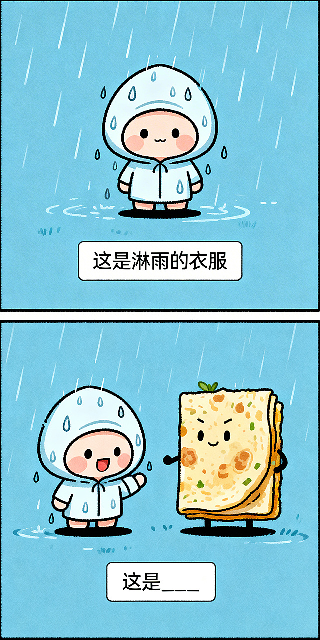 日系搞笑纵向双格漫画，上半格：Q版可爱的淋着雨的衣服，极简背景，底部白色矩形框黑字写“这是淋雨的衣服”；下半格：淋雨的衣服、沂蒙山煎饼强行组合在一起，呈现荒谬互动，底部白色矩形框黑字写“这是____”，线条清晰色彩鲜明，无其他汉字
