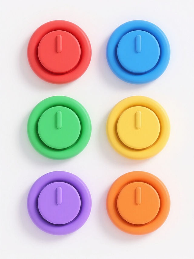 六个采用软3D风格设计的电源开关图标系列素材集合，每个图标均保持相同的圆形轮廓与中心竖线结构，整体元素内容不变，分别填充为纯红色、纯蓝色、纯绿色、纯黄色、纯紫色和纯橙色，所有图标规整排列在纯白色背景上，呈现简洁明快的视觉效果。