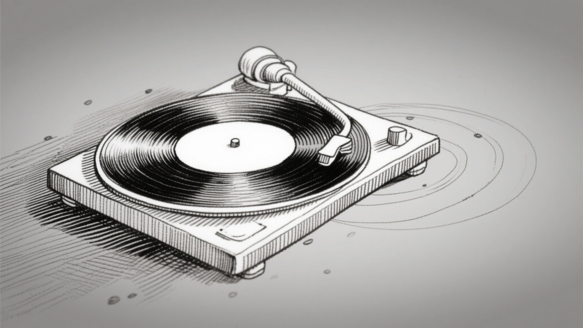 浅灰渐变背景，左下角用细致的灰色线条素描出一个黑胶唱机的轮廓，轮廓内部是留白的，周围点缀着零星的、旋转的律动线条，单色调，插画风格，16:9画幅。预览效果