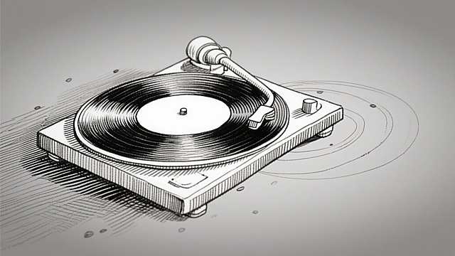 浅灰渐变背景，左下角用细致的灰色线条素描出一个黑胶唱机的轮廓，轮廓内部是留白的，周围点缀着零星的、旋转的律动线条，单色调，插画风格，16:9画幅。