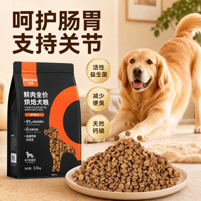 鲜肉全价烘焙犬粮肠胃关节健康卖点主图，温馨治愈宠物场景风格，商业摄影质感，光线柔和通透，产品清晰真实。画面左侧放置完整的犬粮包装袋，保持包装袋外观物理结构、材质质感、颜色与输入产品图绝对一致，画面右侧预览效果