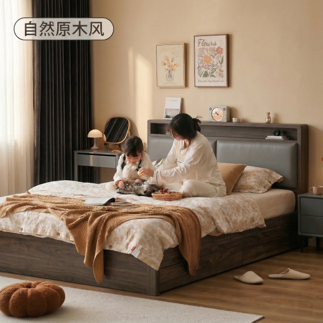 将图1中的床、母女和猫咪完整保留，替换成图2的卧室场景，把产品融入新背景中。保持人物姿态、床的主体物理结构不变，文字“自然原木风”保留。光影匹配：背景光源从左侧来，在产品和人物上生成对应的受光面和背光预览效果