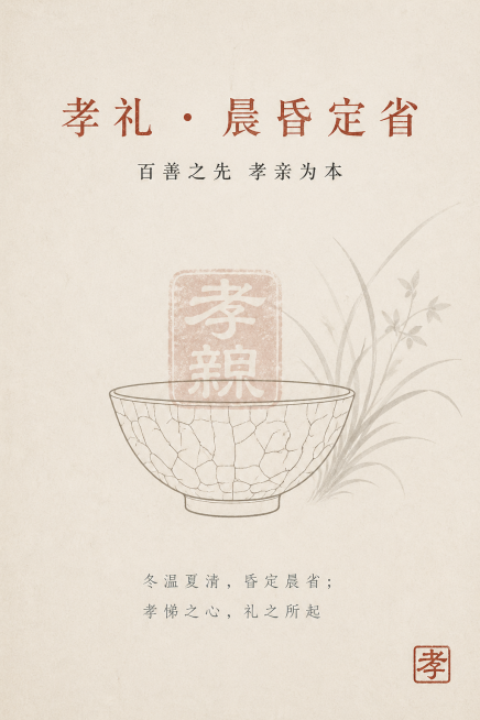 竖版A3尺寸专业平面设计海报，严格印刷级标准，300DPI，CMYK色彩模式，8K超高清JPEG格式，无AI插画感，真实印刷质感。画面视觉中心为极简线描解构的茶盏纹样，搭配半透明拓印质感的"孝亲"篆刻预览效果