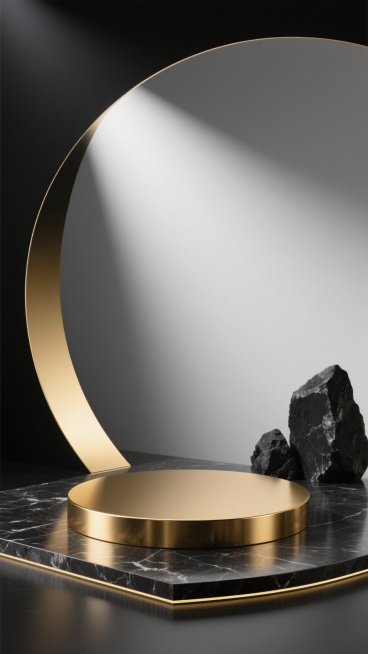 极简高级展台设计，画面中央为圆形金色展台，表面光滑有金属光泽，展台位于深色大理石纹理台面上，台面边缘有金色线条装饰。左侧有黑色与金色渐变的弧形结构，右侧摆放黑色岩石装饰，整体背景为深黑色，营造神秘沉稳氛围。光线从左上方照射，在展台和弧形结构上形成明亮高光和柔和阴影，画面大量留白，黑金配色，极具高级感和设计感，视觉层次分明，信息传达简洁有力。预览效果