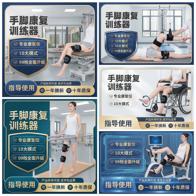 保留原康复训练产品产品图不变，产品在模特腿部的位置不变，修改模特腿部肢体动作，将背景修改为干净专业的医院康复中心室内场景，保持卖点文字内容（手脚康复训练器、专业康复仪、10大模式、99档全面升级、指导预览效果