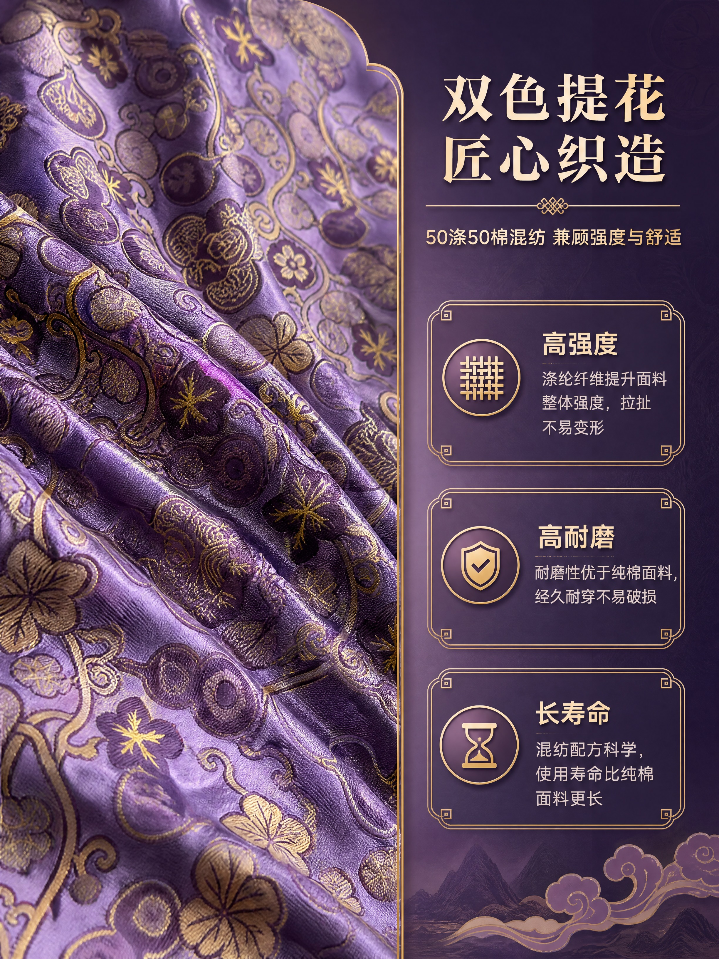 [商品] 使用【图1】紫色宝葫芦提花面料特写；商品处理：保留宝… - 图片创意预览