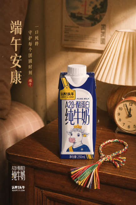 将A2β-酪蛋白纯牛奶放在木色床头，旁边放一根端午彩绳，90年代复古风格，突出产品，胶片质感预览效果