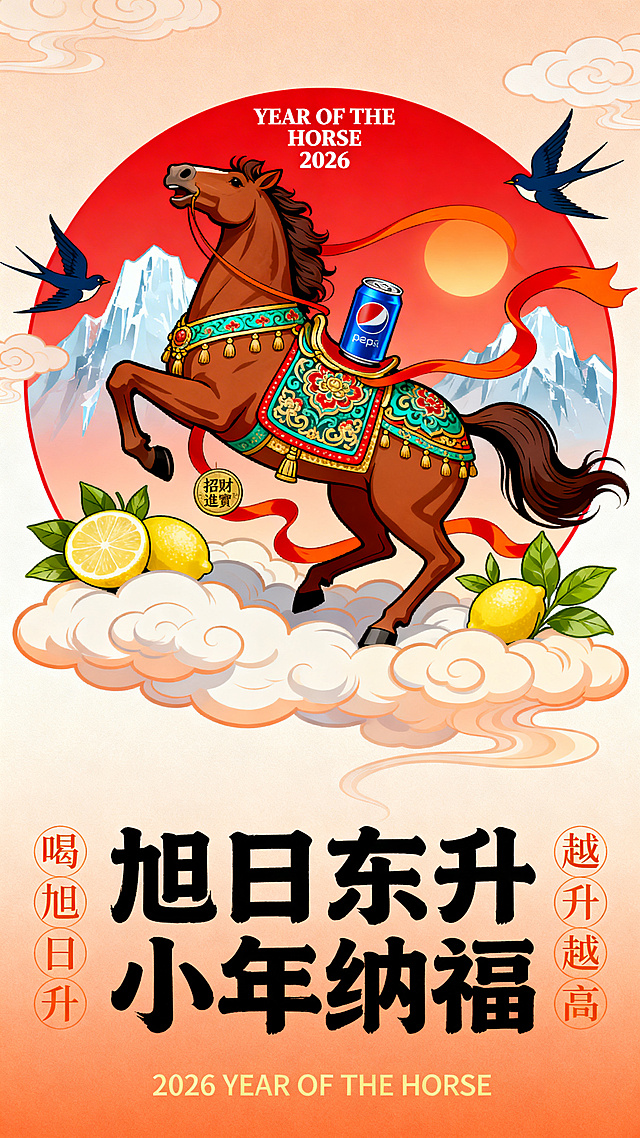 纯扁平风，国潮风描边插画，极繁，丰富细节的国潮插画，扁平插画，正红红渐变浅橙底色，搭配祥云。画面主体为红色圆形构图，中央是匹棕色的马，在云团上，马背上有一罐蓝色易拉罐，造型充满力量感与动感，昂首扬尾，一只前蹄腾空。马身装饰着华丽的鞍鞯，扁平图案融合了敦煌藻井的卷草纹、宝相花纹，色彩以青、绿、红、金为主。橙红色丝带随风飘扬，环绕马身。
，马周围环绕柠檬、绿茶叶，两只深蓝色燕子环绕马，圆形背景为暖红色渐变，衬以冰山山峦和太阳。文案排版为：顶部居中一行白色字「YEAR OF THE HORSE 2026」；圆形下方主标题为一行黑加粗书法字体「旭日东升 小年纳福」；主标题下方叠印浅金细「2026 YEAR OF THE HORSE 」；标题左右两侧竖排浅橙色小字，左侧「喝旭日升」、右侧「越升越高」；马身旁铜钱旁点缀迷你烫金字体「招財進寶」。