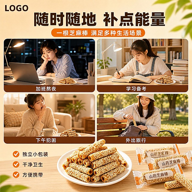 [主图-1] 多场景食用展示主题，复刻参考图image2的四宫格场景排版，展示山药芝麻棒在多种生活场景中的食用价值。
[统一基调] 整体暖橙色加浅绿色系，背景为浅米色渐变，主标题深棕色粗黑体，副标题橙色圆角矩形底白字，场景卡片底部为深棕色横条白字，整体风格温馨有食欲，专业电商品质感。
[画面] 画面顶部左上角放品牌Logo位置，主标题大字居中"随时随地 补点能量"，下方橙色圆角标签"一根芝麻棒 满足多种生活场景"。中间为2x2四宫格场景图：左上为加班熬夜场景-办公室夜晚灯光下手托腮疲惫的年轻女性办公桌上放山药芝麻棒，左下为下午犯困场景-温馨客厅沙发旁下午茶桌上摆着山药芝麻棒，右上为学习备考场景-书房书桌前学习的女生旁边有山药芝麻棒，右下为外出旅行场景-公园长椅上女生从包里拿出山药芝麻棒。四宫格每个场景底部有深棕色横条白字标注场景名称。画面下方为产品展示区：一大碗山药芝麻棒居中，旁边散落独立小包装，左侧三个对勾图标配文字"独立小包装""干净卫生""方便携带"。产品外观与输入图一致：浅棕色芝麻棒，表面布满白芝麻，中空圆柱形。
[光影质感] 自然暖阳光影，食物有通透感，场景图柔和真实，产品区光影均匀，商业摄影质感，芝麻颗粒清晰可见。
[配色] 主色暖橙色 浅绿色点缀，背景浅米色渐变，标题深棕色，强调色橙色，文字白色或深棕色，整体温暖有食欲。
[文字版式] 主标题粗黑大字居中，副标题橙色圆角矩形，四宫格底部深棕条白字，卖点区图标+文字左对齐，字体统一为黑体风格，层级分明。
[输出要求] 1:1正方形，2048px，文字清晰可读，产品清晰不变形，无错字，无水印，无平台Logo，无多余杂乱元素。