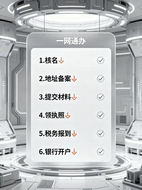 灰白科技感背景，显示"一网通办"界面，展示6步简化公司注册流程：1.核名✅ 2.地址备案✅ 3.提交材料✅ 4.领执照✅ 5.税务报到✅ 6.银行开户✅，每步带对勾图标，清晰排版，现代科技风格预览效果
