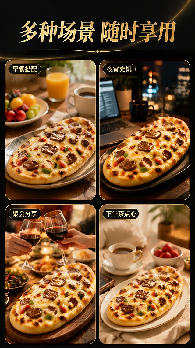 [第7屏] 食用场景种草-展示多种日常食用场景。
[氛围/风格] 黑金温馨生活风，真实场景氛围感，激发购买欲，生活气息浓郁。
[元素布局] 2×2网格四个场景卡片：早餐桌面、加班夜宵、朋友聚会、懒人下午茶，每个场景放入披萨产品，产品外观与输入图一致；场景虚化背景突出产品。
[光影质感] 每个场景自然采光，暖调光线增加温馨感，产品清晰突出。
[配色色系] 深黑背景 #0f0f0f，场景保留自然色彩，金色文字标签，黑金风格统一。
[视角构图] 网格布局，每个场景卡片圆角设计，整体均衡美观。
[文字版式] 顶部主标题「多种场景 随时享用」，每个场景卡片角落加文字标签：「早餐搭配」「夜宵充饥」「聚会分享」「下午茶点心」，文字小巧清晰不遮挡产品。
[比例分辨率] 9:16竖版比例，4K分辨率，文字清晰可辨，高清画质。
[负向提示词] 产品变形，场景杂乱，文字遮挡产品，颜色偏差，水印。