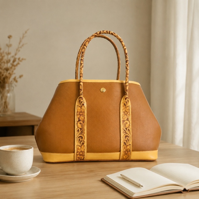 [Main Image 6] Second scene display picture: Oriental leather carving genuine leather handbag placed预览效果