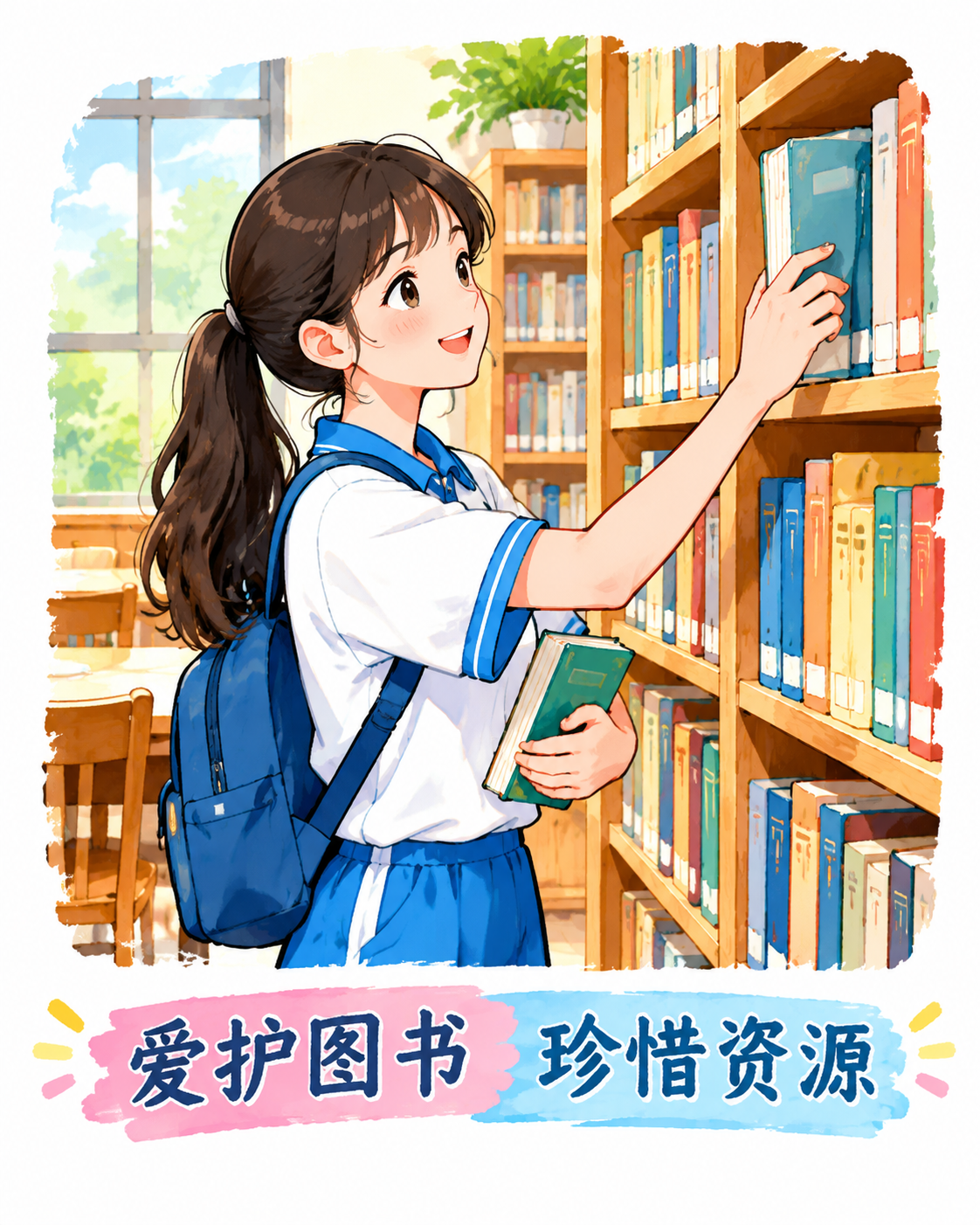 从这张黑板报中提取并单独生成第四张插画：一名穿着校服的女生在图… - 图片创意预览