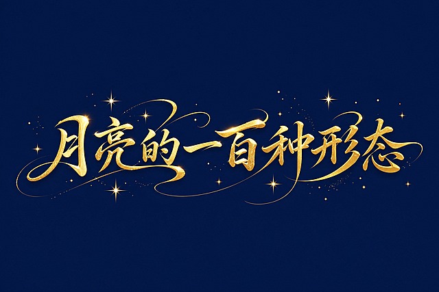 干净的纯深蓝色背景。平面艺术字体设计，八个字"月亮的一百种形态"，所有文字单行横向排列，东方美学创意书法字体，线条流畅如行云流水一气呵成，部分笔画飘逸舒展如丝带舞动，营造轻盈灵动之感，字形结构优雅大气，具有强烈的视觉冲击力和高级感。烫金材质，字体表面带有细腻的金属光泽和高光，金色璀璨饱满。文字周围点缀精致的星星元素，星星自然分布在文字四周，与字体设计融合协调，不遮挡文字核心识别区。画面中只能出现这八个字："月"、"亮"、"的"、"一"、"百"、"种"、"形"、"态"，不得增加、遗漏或替换任何一个字。文字整体必须完整呈现在画面内不可被裁切，四周留有安全边距。