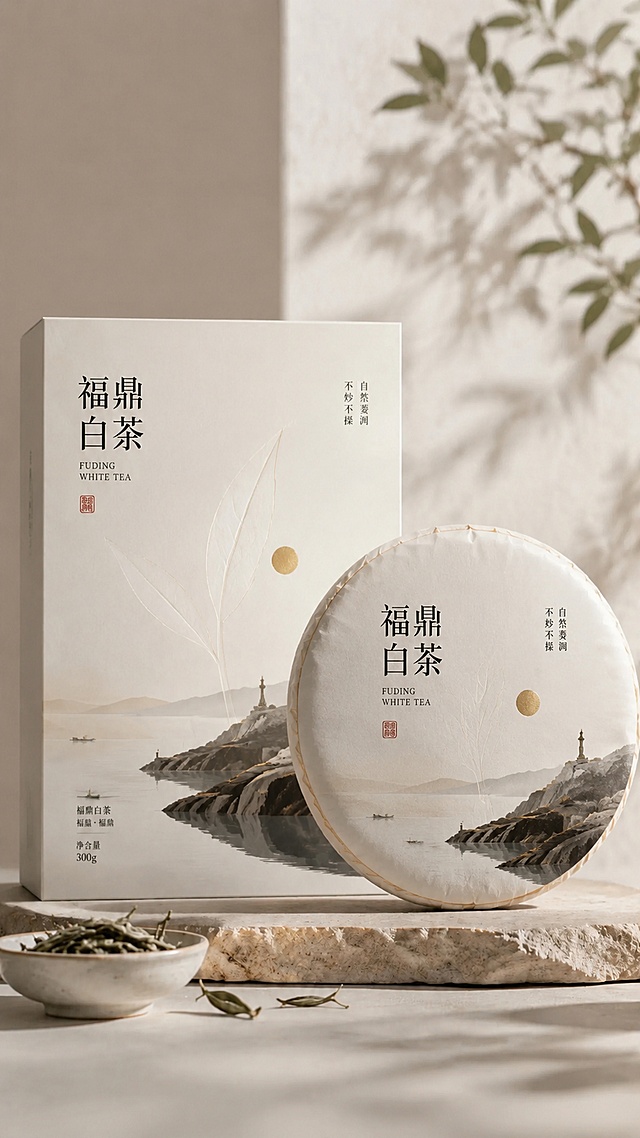 生成同系列福鼎白茶产品包装，保持和参考图一致的极简现代风格、浅雅色调、福鼎山水元素，字体保持不变形不扭曲，设计独特不流于平庸，加入少量烫金细节提升质感，饼茶包装设计，属于同一系列，整体保持高级简约的审美，4K画质
