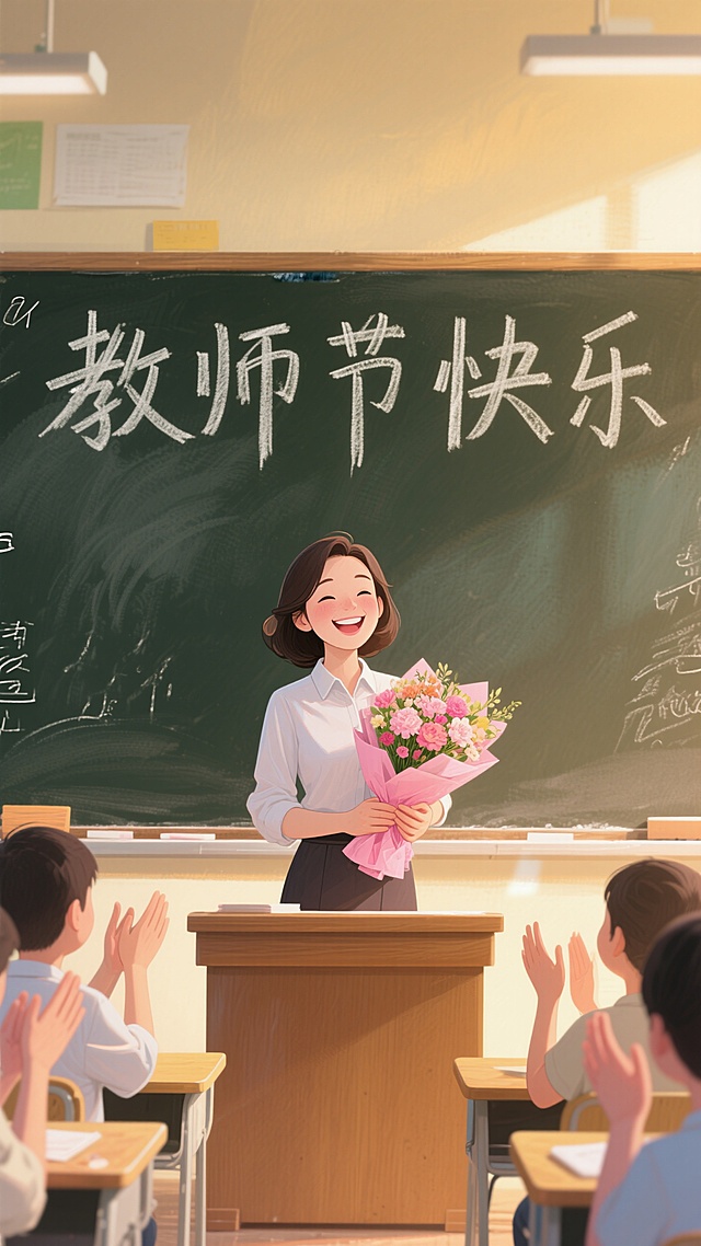 教室里，黑板上写着 “教师节快乐” ，一位笑容灿烂的女教师捧着粉色包装的一束花站在讲台上面对学生，学生鼓掌，暖黄色光影，正视，画面重心居下
