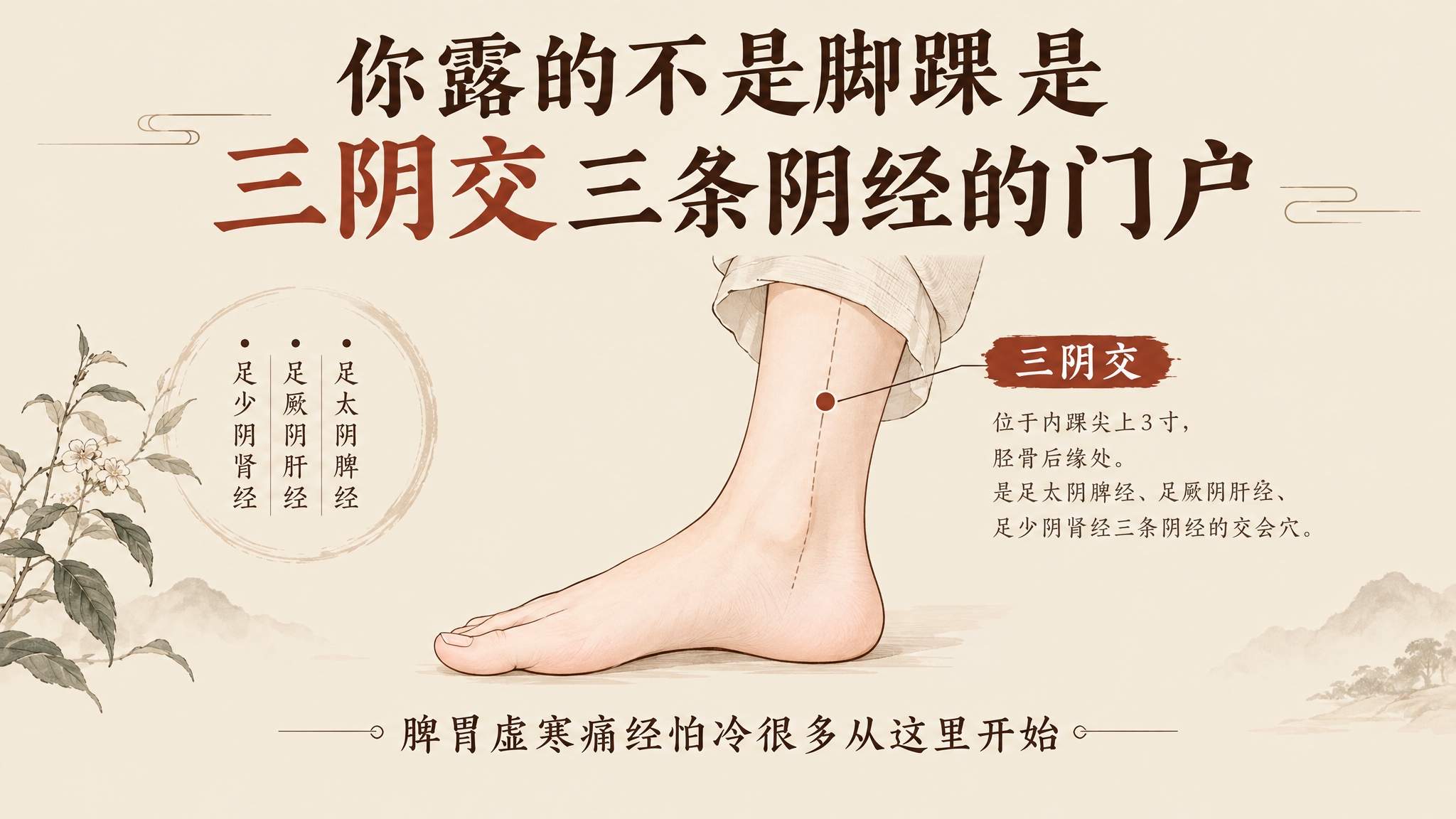 习惯一露脚踝，简约人体脚踝部位线稿特写，清晰标注"三阴交"穴位… - 图片创意预览