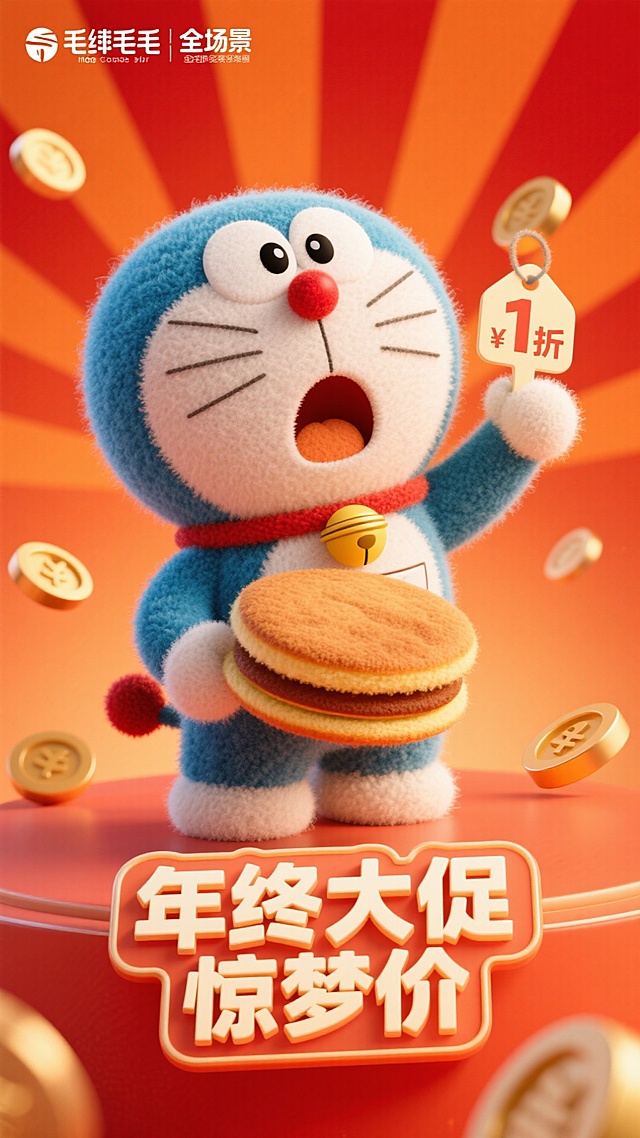 软3D毛绒质感哆啦A梦手持饼干，搭配金币与1折标签，喜庆红橙背景，萌趣卡通风格传递年终促销惊喜。