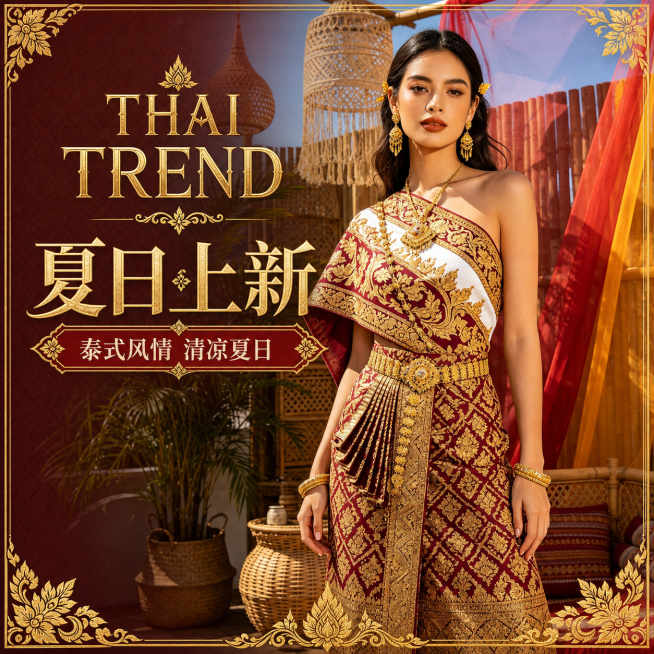 在原图上添加泰潮服饰品牌名"THAI TREND"，活动主题"夏日上新"，添加卖点文案"泰式风情 清凉夏日"，字体风格和泰潮海报风格统一，颜色使用金色、暗红色、白色，符合品牌调性预览效果