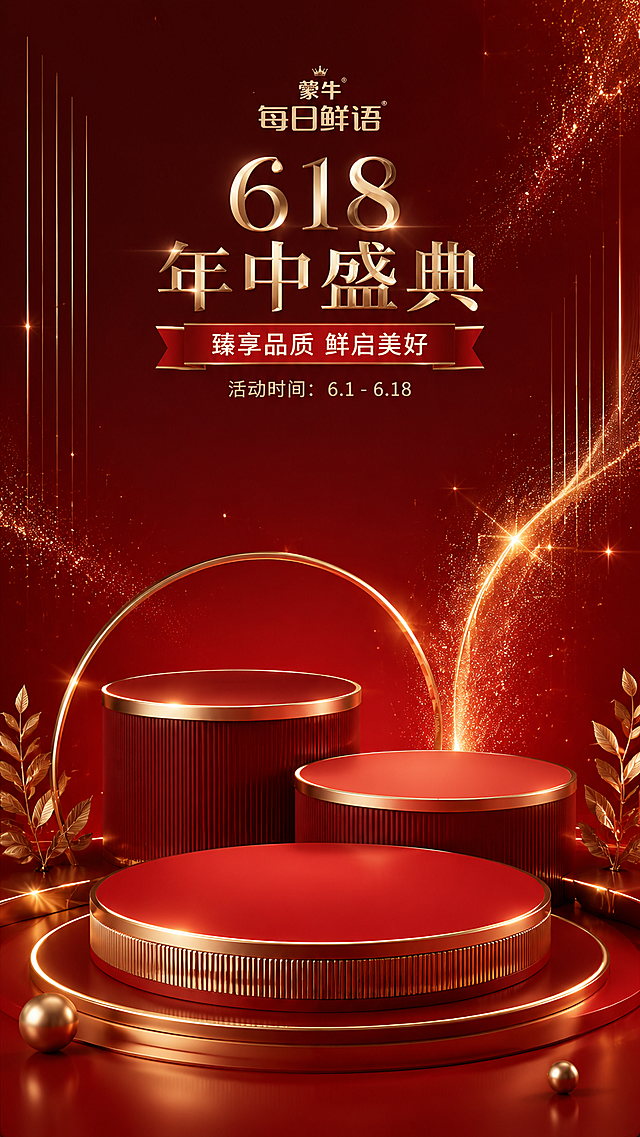 为蒙牛每日鲜语设计618大促手机端落地页背景图，参考提供的高奢美妆参考图的设计理念，重新设计打造高端大气高级感，主色调为红色和金色，保留多层圆形展示台结构，金色立体线条装饰，背景暗红色搭配金色闪粉渐变效果，简约大气的高端乳制品品牌风格，预留出产品摆放位置