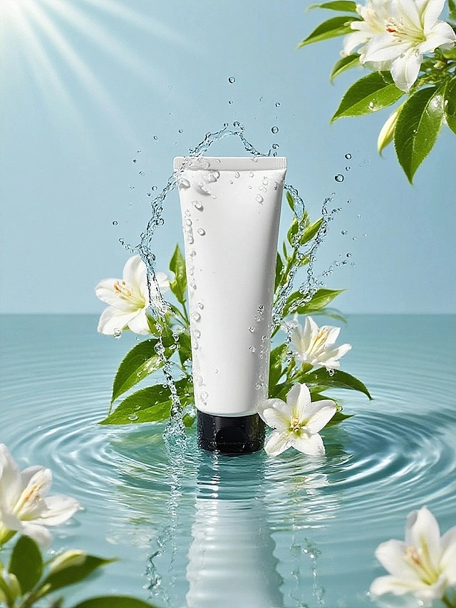 主体置于带水波纹的水面上，周围有白色花朵、绿叶环绕，还有水花飞溅、水波纹及水滴动态效果，背景为浅蓝色，光线明亮