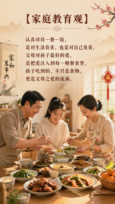 生成的图片上的文字必须是书写正确、书写清晰的的中文文字。生成的图片上必须只有一对现代中年中国父母和一个中国大学生女孩。 温馨中国风 【家庭教育观】认真对待一餐一饭，是对生活负责，也是对自己负责。父预览效果