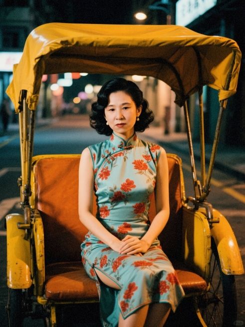 夜晚的60年代香港街道，一个女生（淡青底红花旗袍，手推波发型）坐在老式黄包车后座，双手交叠放在腿上，御姐。看镜头。预览效果