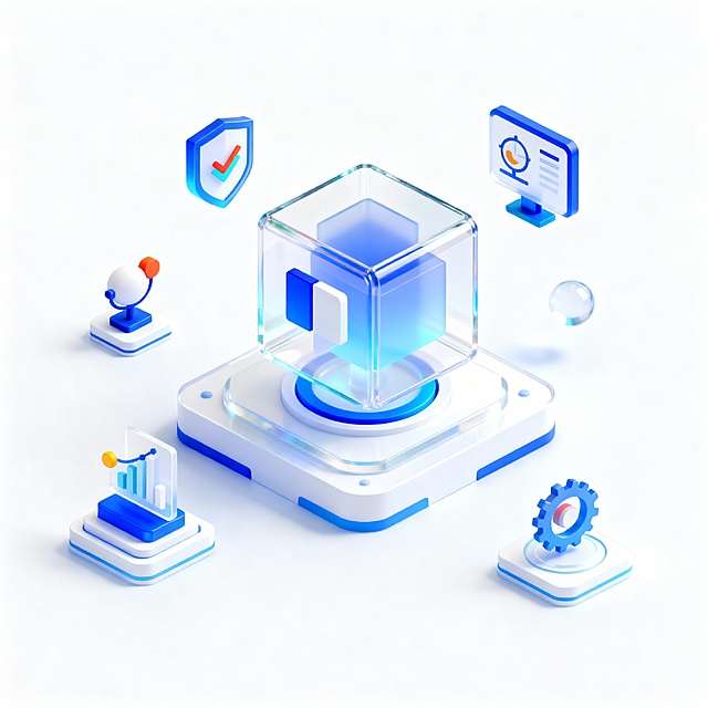 中心分别突出数据编织核心模块，周围漂浮测试管理工具、监控工具、日志分析工具、接口测试工具、数据可视化工具等科技风格立体图标点缀，3D渲染，磨砂玻璃质感，有透明感和光泽感，浅蓝色白色渐变配色，搭配少量相似色和点睛色做点缀，严肃活泼，空间感，弥散阴影，主体突出，中心构图，黄金分割，结构合理，逻辑清晰，无杂乱元素，简洁现代的设计语言和统一的视觉权重，整体呈现科技感与专业性，等轴侧视角，色彩明亮活泼，无文字，不要有标题，纯白色背景，生成三张供选择