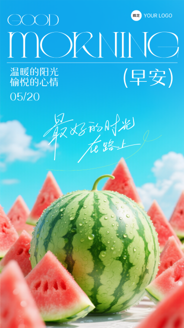 夏季夏天早安问候小清新正能量朋友圈日签竖版海报预览效果